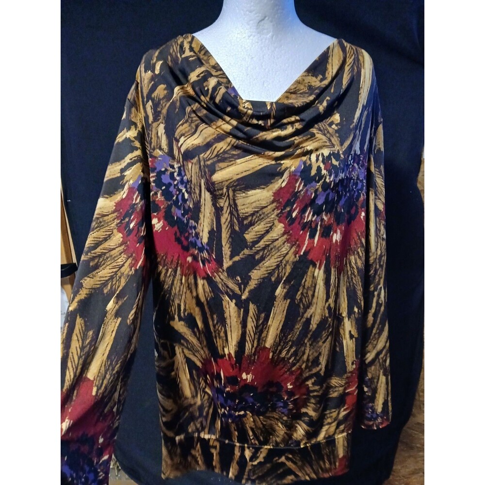 Dana Buchman Feathers &  Floral Drape Neck Long Sleeve Tunic XL  NWOT